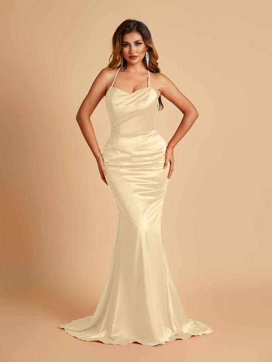 Sexy Satin Mermaid Bridesmaid Dresses Spaghetti Straps Scoop Criss-cross Back