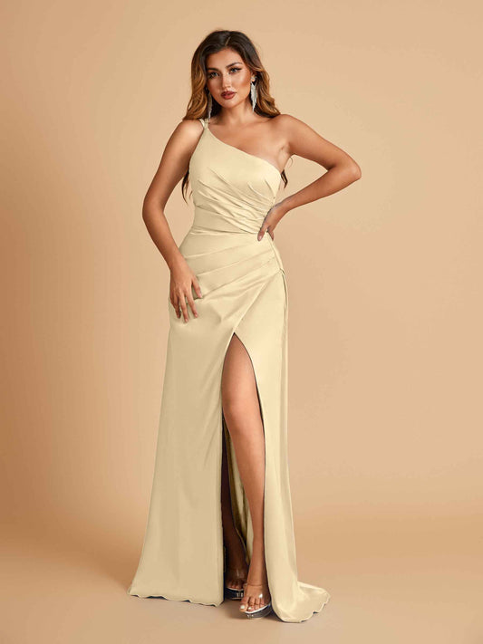 Satin One Shoulder Sheath Bridesmaid Dresses Spaghetti Straps Side Slit Floor Length