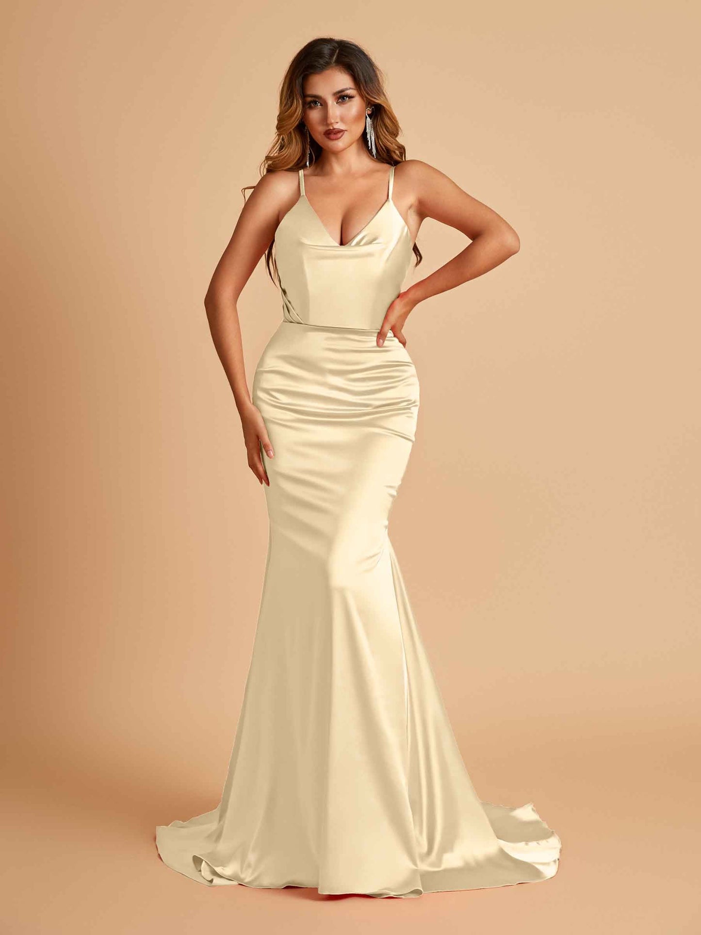 Sexy Satin Mermaid Prom Dresses Spaghetti Straps V-neck Pleats Floor Length