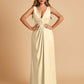 Sexy Satin Deep V-neck Long Bridesmaid Dresses A-line Pleats Sleeveless Floor Length