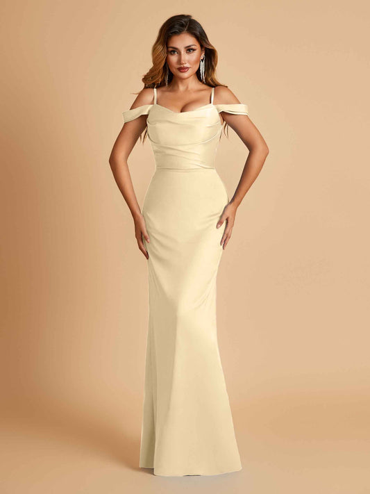 Sexy Off Shoulder Mermaid Long Bridesmaid Dresses Satin Spaghetti Straps Floor Length