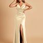 Sexy Satin Sheath Bridesmaid Dresses Spaghetti Straps V-neck Side Slit Pleats Floor Length