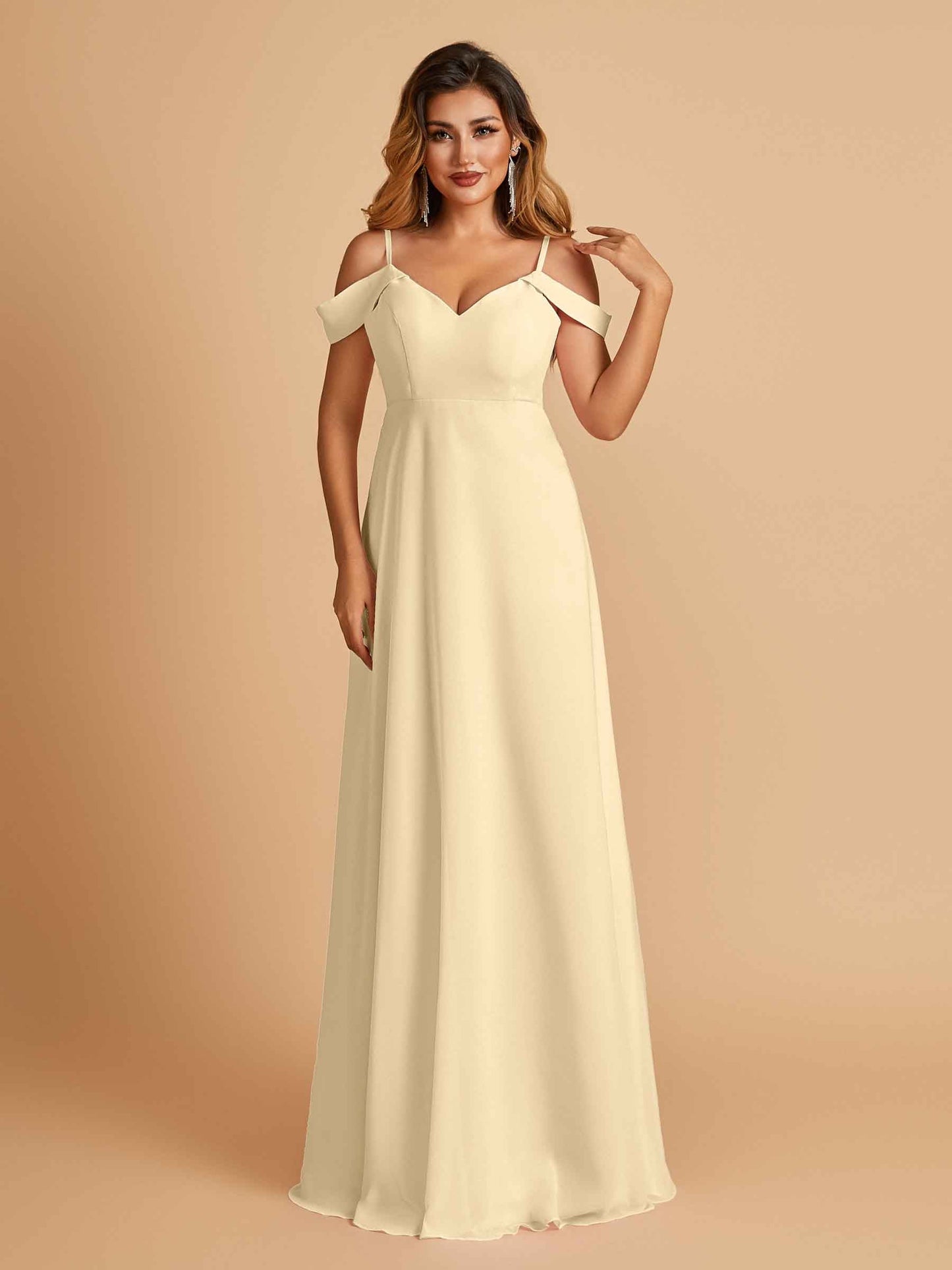Chiffon Off-shoulder Long Bridesmaid Dresses V-neck Floor Length A-line For Sale