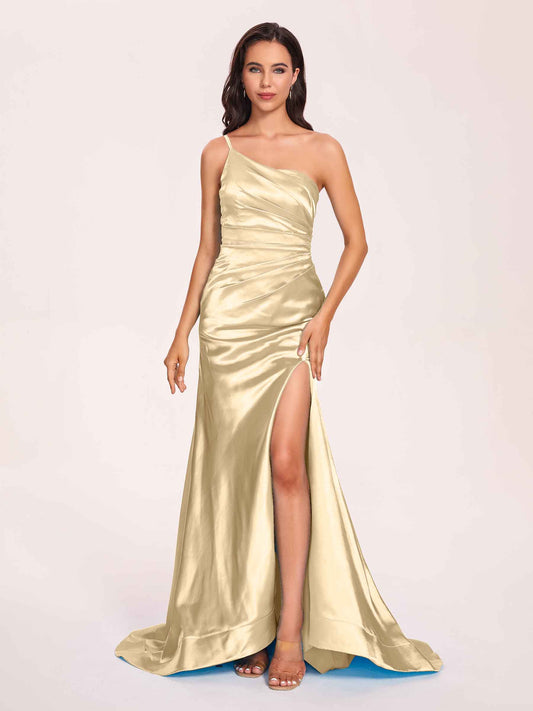 Satin One-shoulder Mermaid Bridesmaid Dresses Side Slit Pleats Floor Length