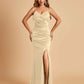 Sexy Satin Mermaid Bridesmaid Dresses Spaghetti Straps V-neck Side Slit Floor Length