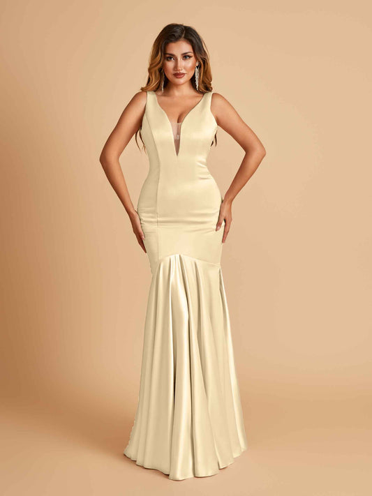 Satin Deep V-neck Mermaid Bridesmaid Dresses Half Open Back Floor Length