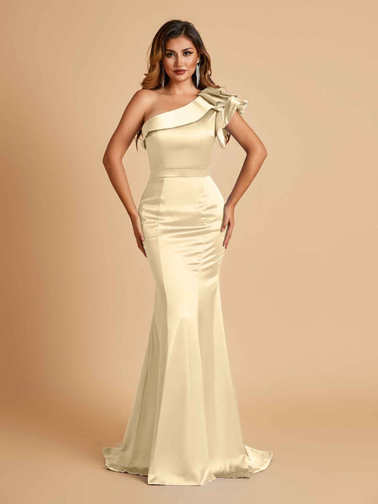 Satin One-shoulder Bridesmaid Dresses Ruffle Sleeves Mermaid Floor Length