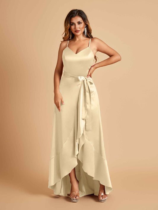 Satin Asymmetric V-neck Bridesmaid Dresses Sleeveless Side Slit A-line Unique