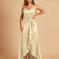 Satin Asymmetric V-neck Bridesmaid Dresses Sleeveless Side Slit A-line Unique For Sale