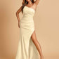 Sexy Strapless Long Prom Dresses Satin Side Slit Pleats Floor Length Sheath