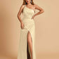 Satin One Shoulder Sheath Prom Dresses Spaghetti Straps Side Slit Floor Length