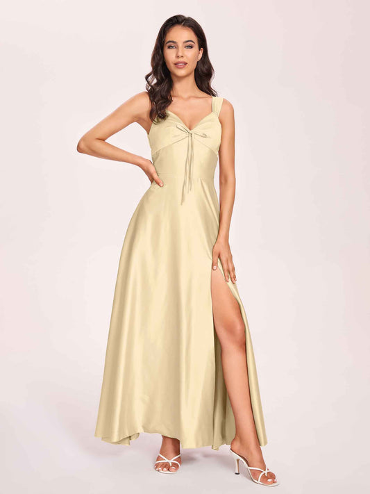 Satin V-neck A-line Bridesmaid Dresses Side slit Floor Length