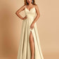 Satin A-line Long Prom Dresses Spaghetti Straps V-neck Side Slit Floor Length