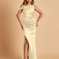 Unique Satin One Shoulder Bridesmaid Dresses Side Slit Half Open Back Floor Length