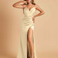 Satin Spaghetti Straps Long Prom Dresses V-neck Side Slit Criss-cross Back Sheath