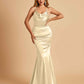 Satin Mermaid Open Back Prom Dresses Spaghetti Straps Scoop Floor Length