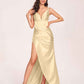 Satin Spaghetti Straps Corset Prom Dresses Pleats Side-Slit Sheath Floor Length