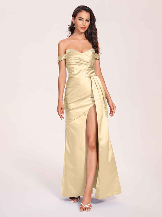 Elegant Satin Off Shoulder Bridesmaid Dresses Side-slit Sweetheart Floor Length Sheath
