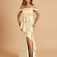 Satin Mermaid Off Shoulder Bridesmaid Dresses With Ruffles Side Slit Floor Length