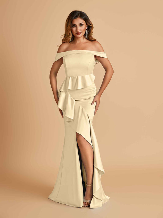 Satin Mermaid Off Shoulder Bridesmaid Dresses With Ruffles Side Slit Floor Length