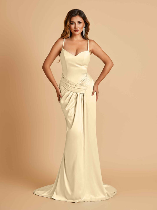 Satin Mermaid Sweetheart Bridesmaid Dresses Spaghetti Straps With Pleats Floor Length