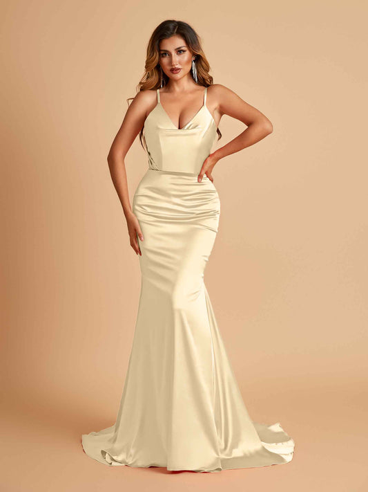 Sexy Satin Mermaid Bridesmaid Dresses Spaghetti Straps V-neck Pleats Floor Length