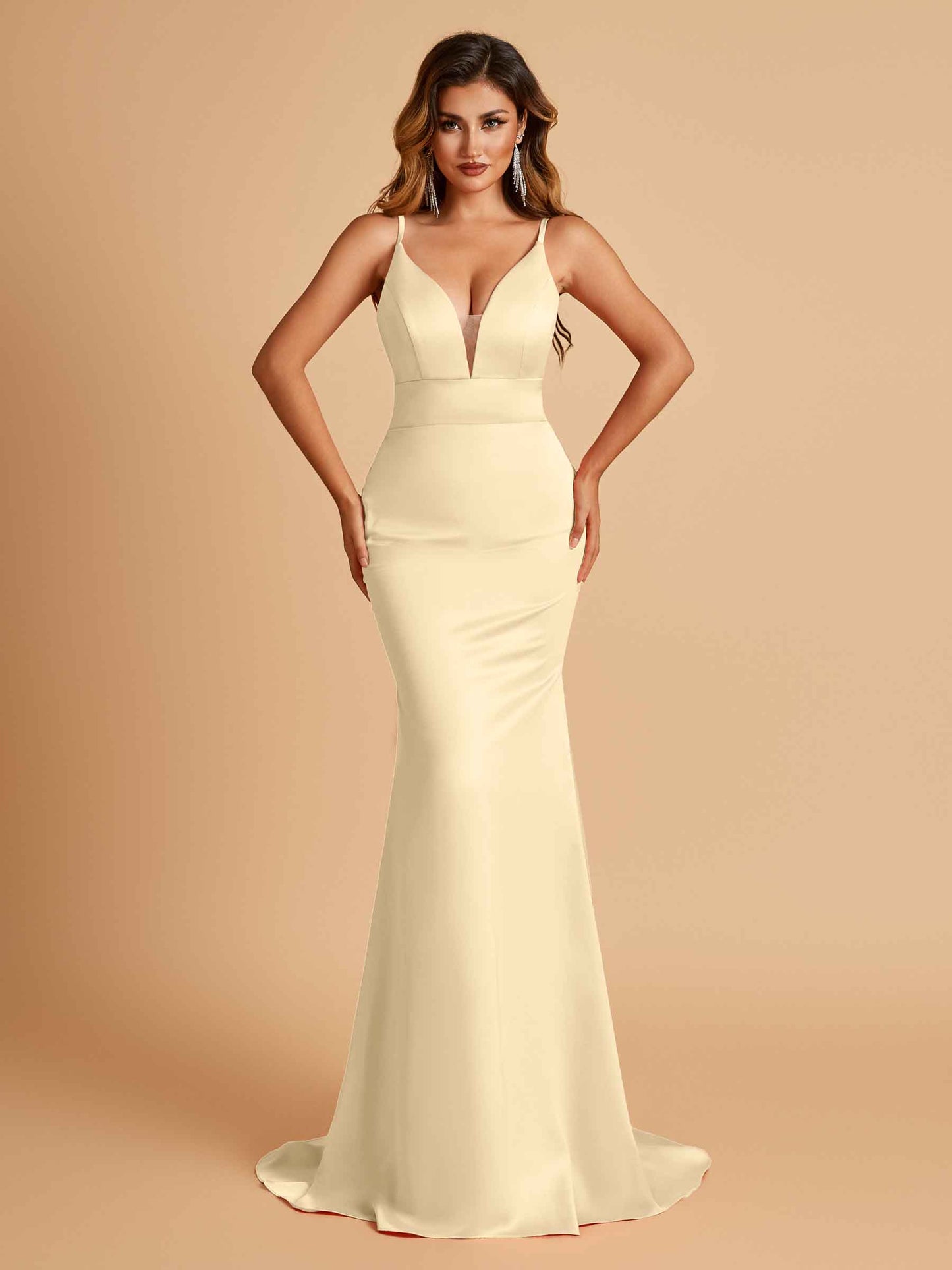 Satin Deep V-neck Mermaid Bridesmaid Dresses Open Back Floor Length