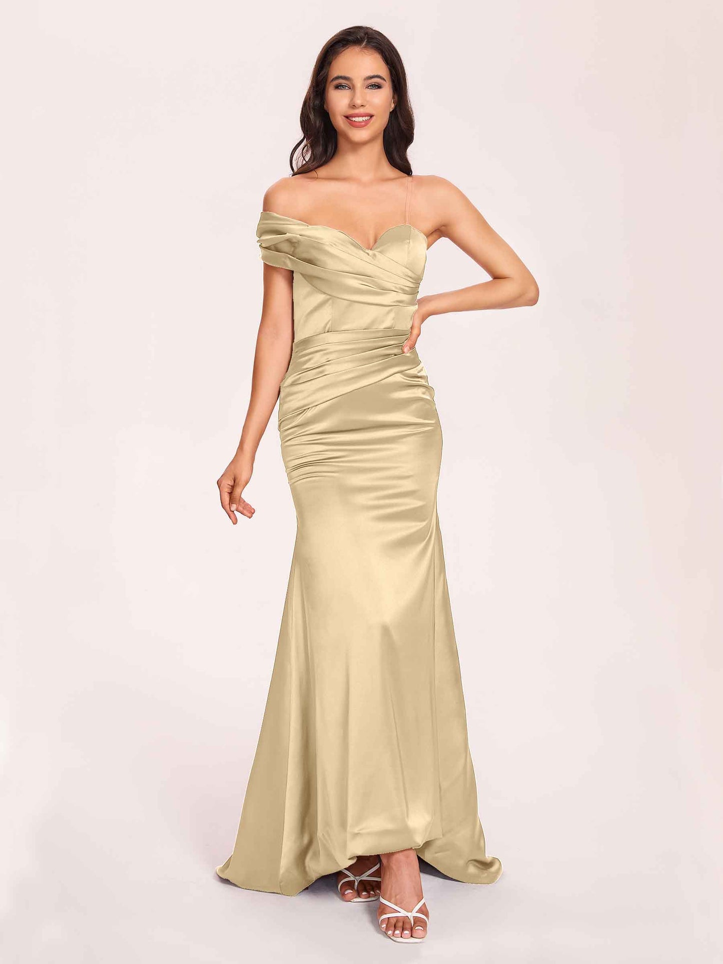 Satin One-shoulder Bridesmaid Dresses Pleats Floor Length Mermaid Long