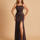 Satin Mermaid Long Bridesmaid Dresses Spaghetti Straps Scoop Side Slit Criss-cross Back