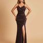 Sexy Satin Mermaid Bridesmaid Dresses Spaghetti Straps V-neck Side Slit Floor Length