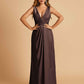 Sexy Satin Deep V-neck Long Bridesmaid Dresses A-line Pleats Sleeveless Floor Length