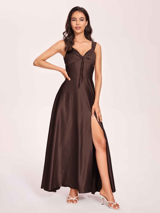 Satin V-neck A-line Bridesmaid Dresses Side slit Floor Length