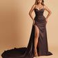 Sexy Satin Sheath Bridesmaid Dresses Spaghetti Straps Sweetheart Side Slit With Train