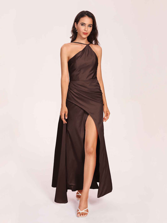 Sexy Satin Halter Strap Sheath Bridesmaid Dresses Side Slit Pleats Floor Length