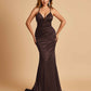 Satin Mermaid Open-back Prom Dresses Spaghetti Straps V-neck With Pleats Floor Length