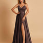 Satin A-line Long Prom Dresses Spaghetti Straps V-neck Side Slit Floor Length