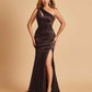 Sexy Satin Key Hole Bridesmaid Dresses One Shoulder Key Hole Floor Length Sheath For Sale