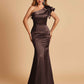 Satin One-shoulder Bridesmaid Dresses Ruffle Sleeves Mermaid Floor Length For Sale
