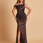 Unique Satin One Shoulder Prom Dresses Side Slit Half Open Back Floor Length