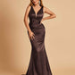 Sexy Satin Criss-cross Back Prom Dresses Mermaid Deep V-neck Back Pleats Floor Length