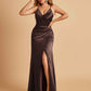 Sexy Satin Sheath Bridesmaid Dresses Spaghetti Straps V-neck Side Slit Pleats Floor Length