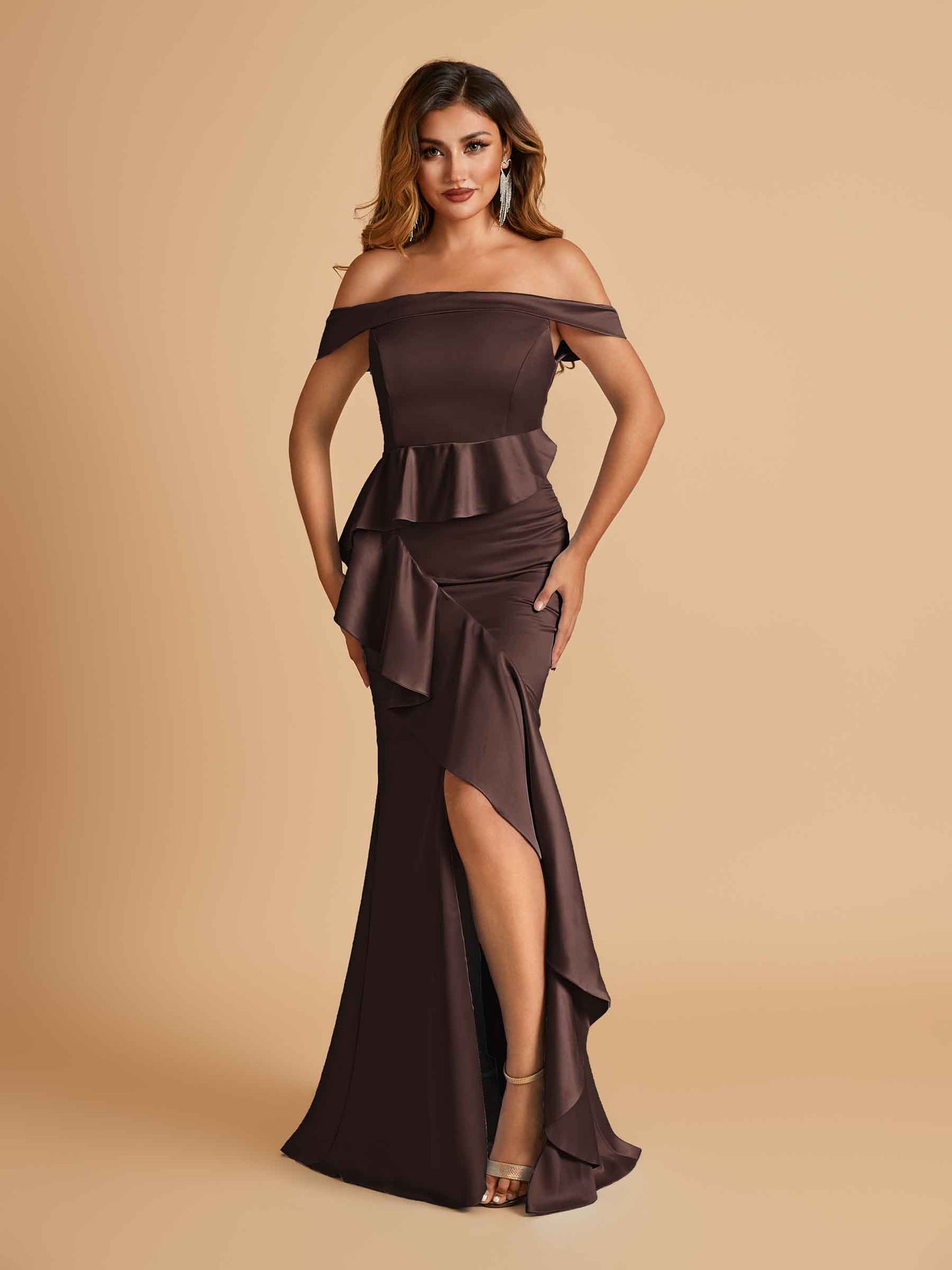 Satin Mermaid Off Shoulder Bridesmaid Dresses With Ruffles Side Slit Floor Length