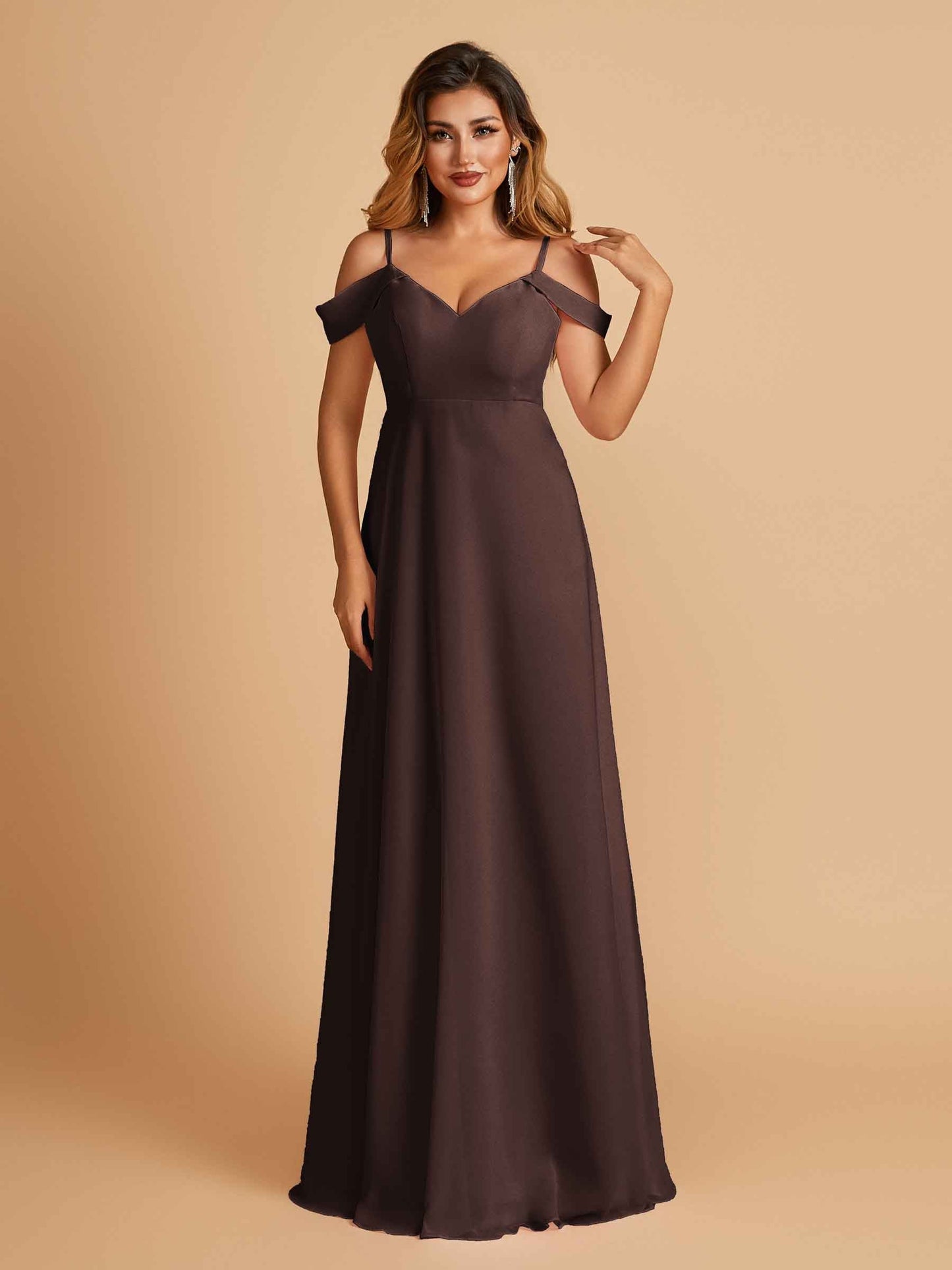 Chiffon Off-shoulder Long Bridesmaid Dresses V-neck Floor Length A-line For Sale