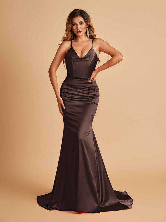 Sexy Satin Mermaid Bridesmaid Dresses Spaghetti Straps V-neck Pleats Floor Length