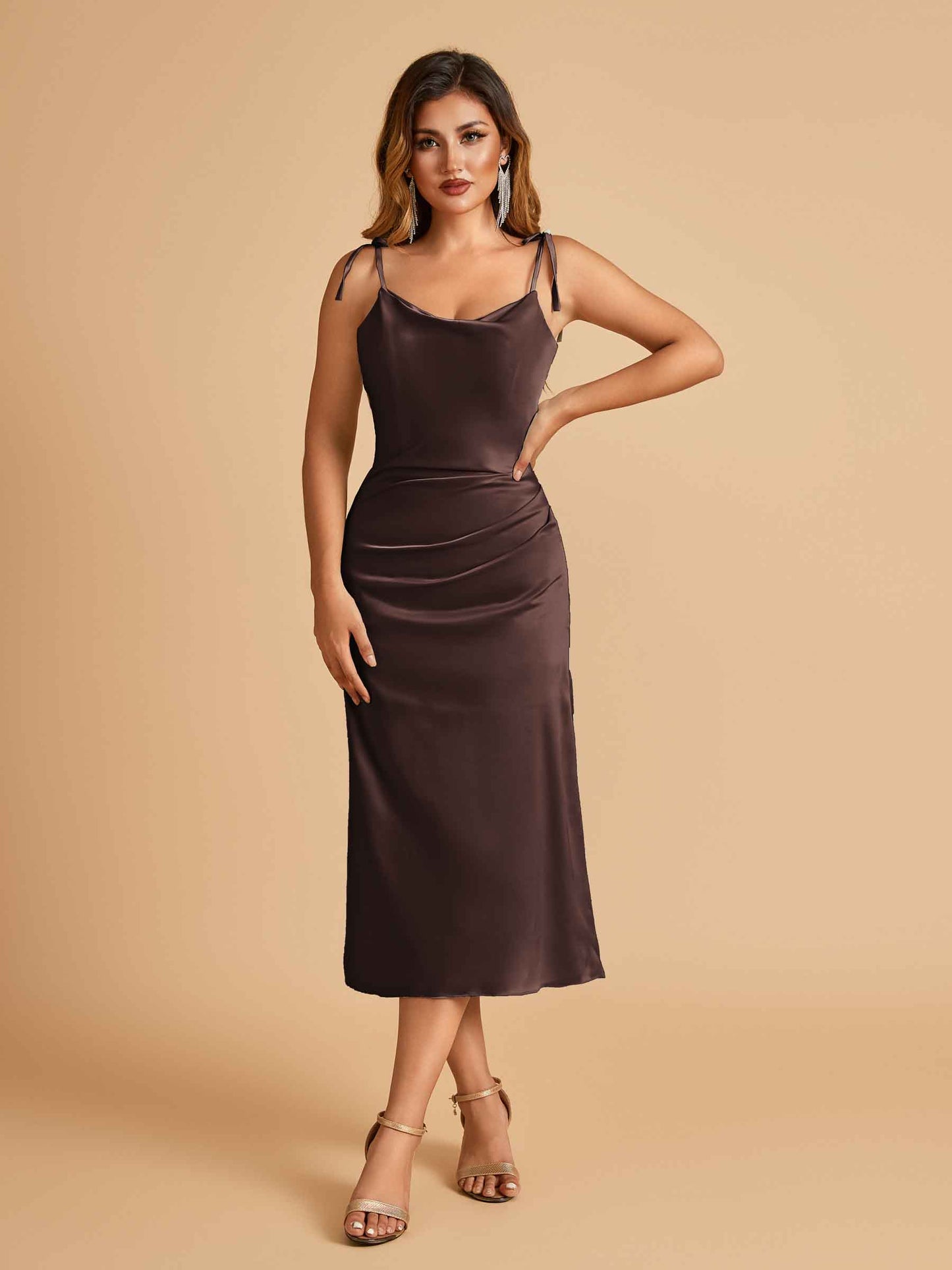 Sexy Satin Midi Bridesmaid Dresses Spaghetti Straps Slip Scoop Side Slit