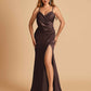 Sexy Satin Sheath Bridesmaid Dresses Spaghetti Straps V-neck Side Slit Floor Length