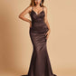 Satin Mermaid V-neck Prom Dresses Spaghetti Straps Floor Length