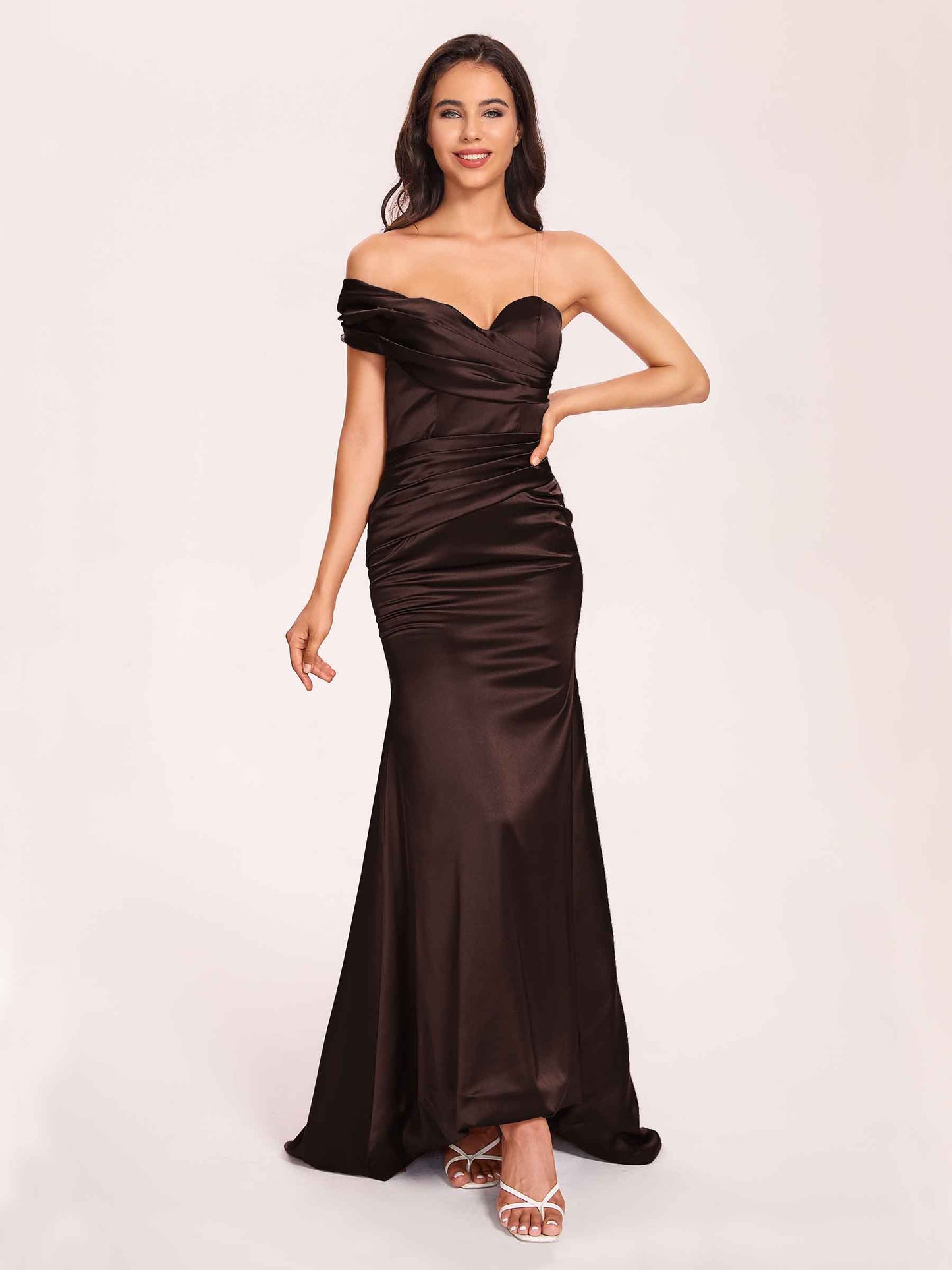 Satin One-shoulder Bridesmaid Dresses Pleats Floor Length Mermaid Long