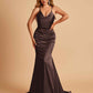 Sexy Satin Mermaid Prom Dresses Spaghetti Straps V-neck Pleats Floor Length