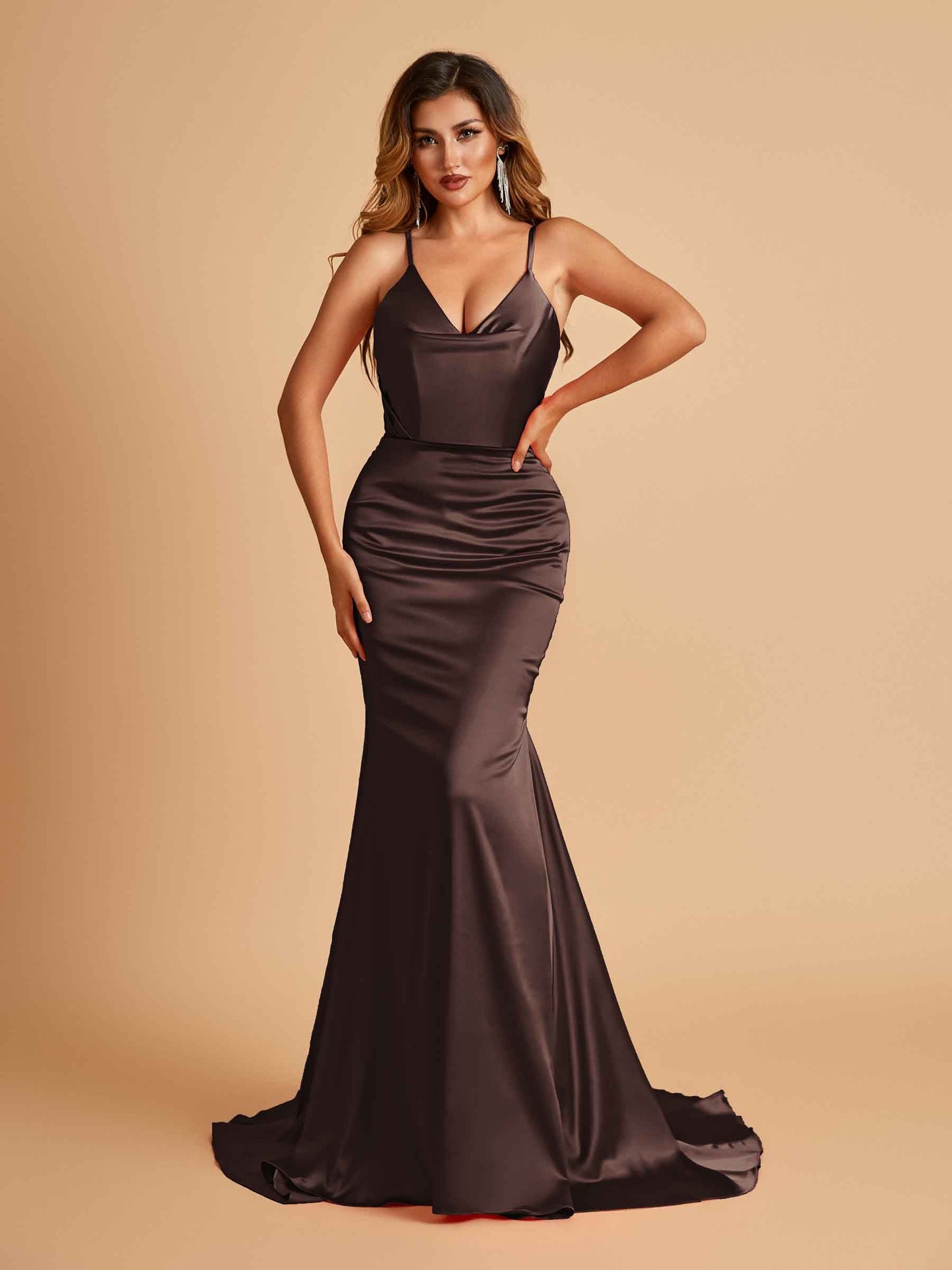Sexy Satin Mermaid Prom Dresses Spaghetti Straps V-neck Pleats Floor Length
